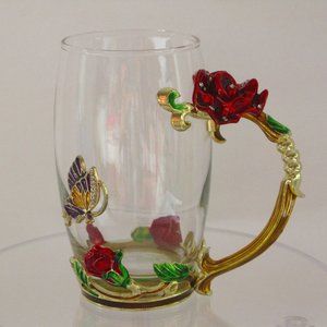 COAWG Flower Glass Mug with Spoon, 12OZ Red Flower Lead-Free Hand Made Rose